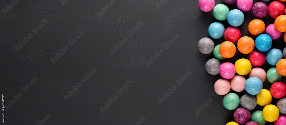 Colorful candy balls arranged on a gray and black paper background in a horizontal banner format