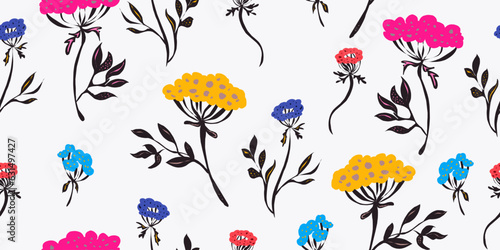 Wildflowers, herbs. Flat style illustration. Vector seamless pattern.
