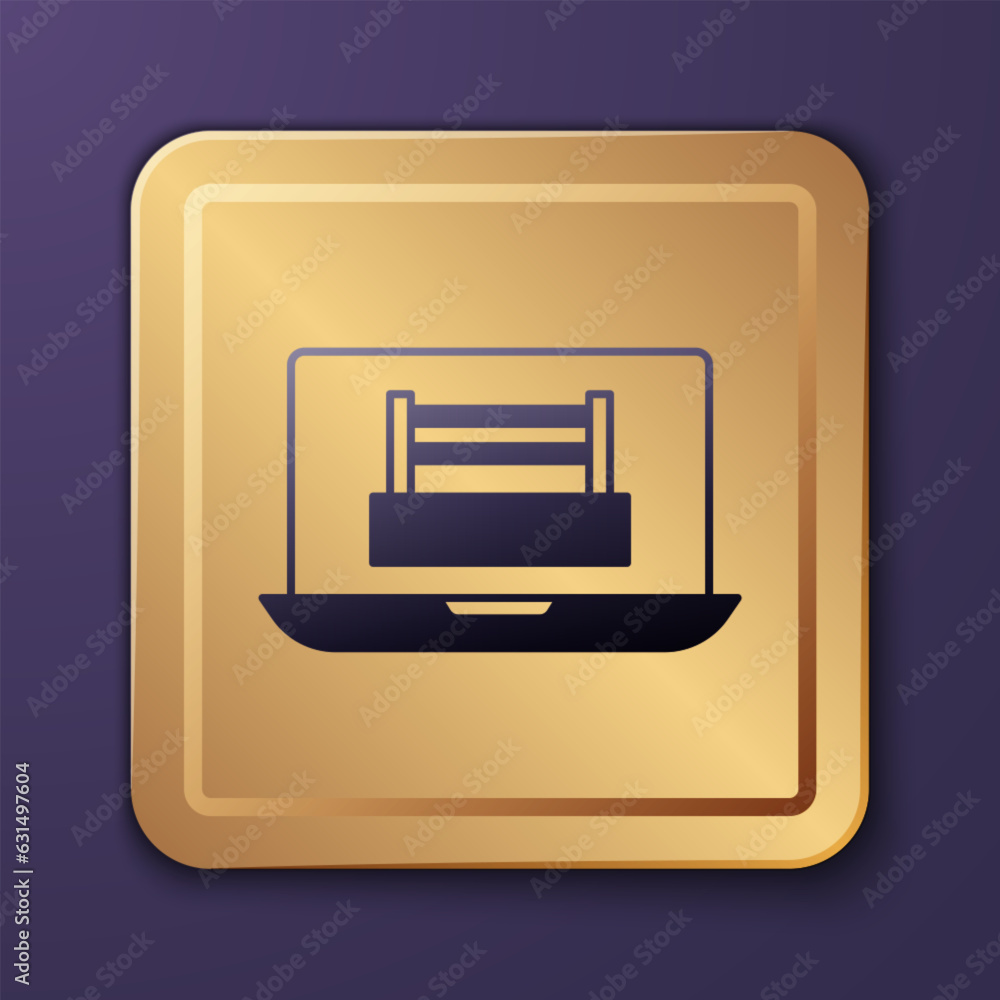Purple Boxing ring show at laptop icon isolated on purple background. Gold square button. Vector Purple Boxing ring show at laptop icon isolated on purple background. Gold square button. Vector