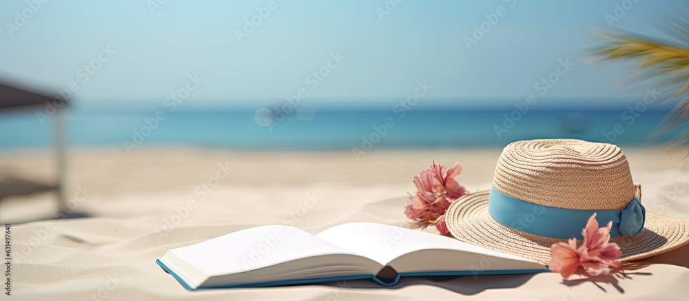 A blank writing book with summer beach accessories in the background, perfect for writing, is