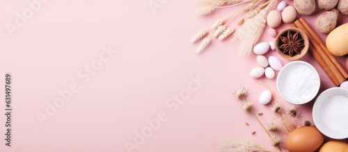 Baking ingredients placed on a soft pink pastel background  creating a frame. is captured from