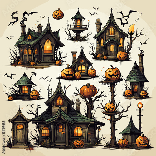 Set of cute pumpkin and old house elements, Halloween holiday.