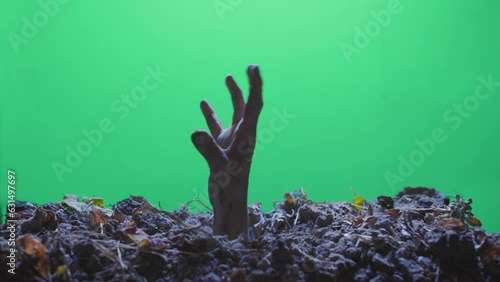 The hand of a dead zombie crawls out of the ground of the grave