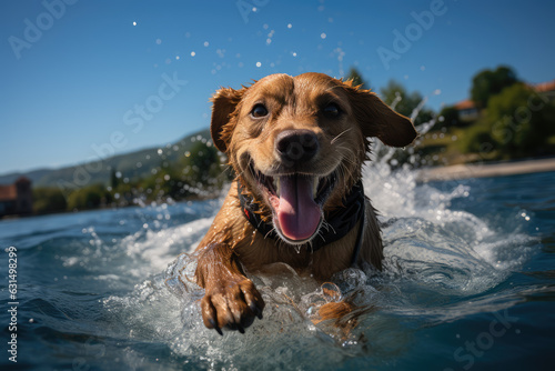 a Labrador retriever, looking happy, on a surfboard enjoying life and the sun, ai generated.