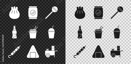 Set Khinkali on cutting board, Bag or packet potato chips, Lollipop, Grilled shish kebab, Onigiri, Fast street food cart, Bottle of water and Asian noodles and chopsticks icon. Vector