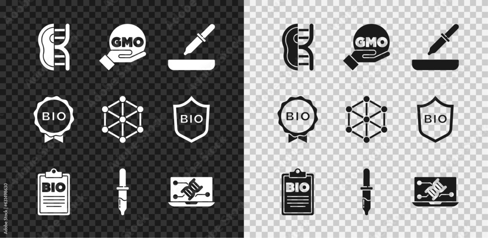 Fototapeta premium Set Genetically modified meat, GMO, Pipette, Document for bio healthy food, engineering modification, Label and icon. Vector