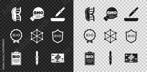 Set Genetically modified meat, GMO, Pipette, Document for bio healthy food, engineering modification, Label and icon. Vector