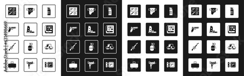Set Weapons oil bottle, Gun magazine and bullets, Pistol or gun, catalog, Book with pistol, holster, Collimator sight and M16A1 rifle icon. Vector