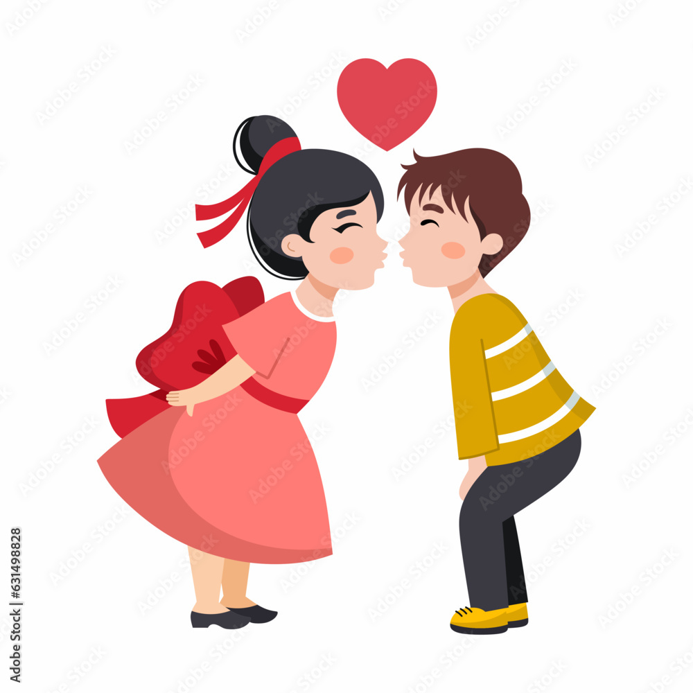 Boy kisses girl. Cute illustration with characters in love. Valentine Day greeting card. 14th of February. Boy kisses girl. Cute illustration with characters in love. Valentine Day greeting card. 14th of February.