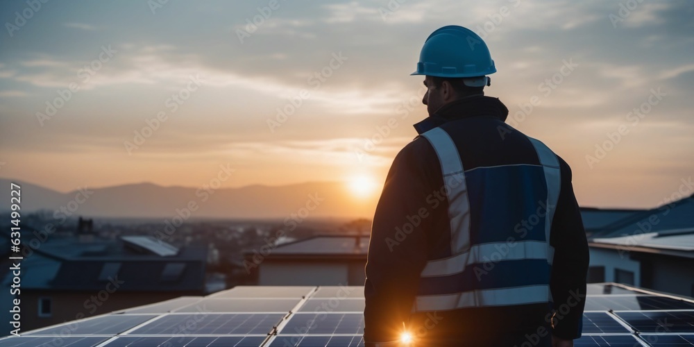 Adult male in hard hat with solar panels, representing renewable energy