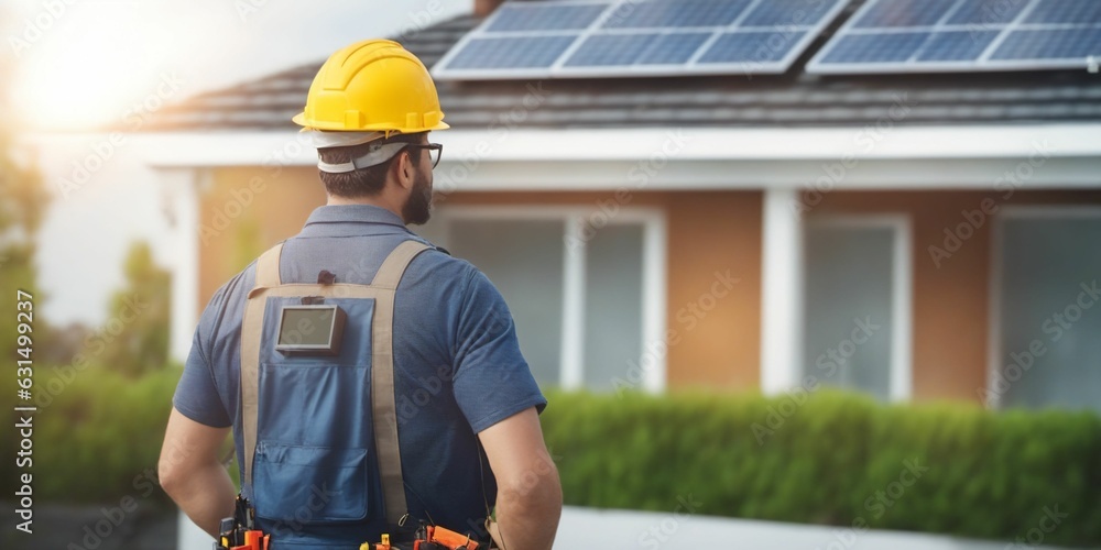 Portrait of adult male in hard hat with solar panels, representing