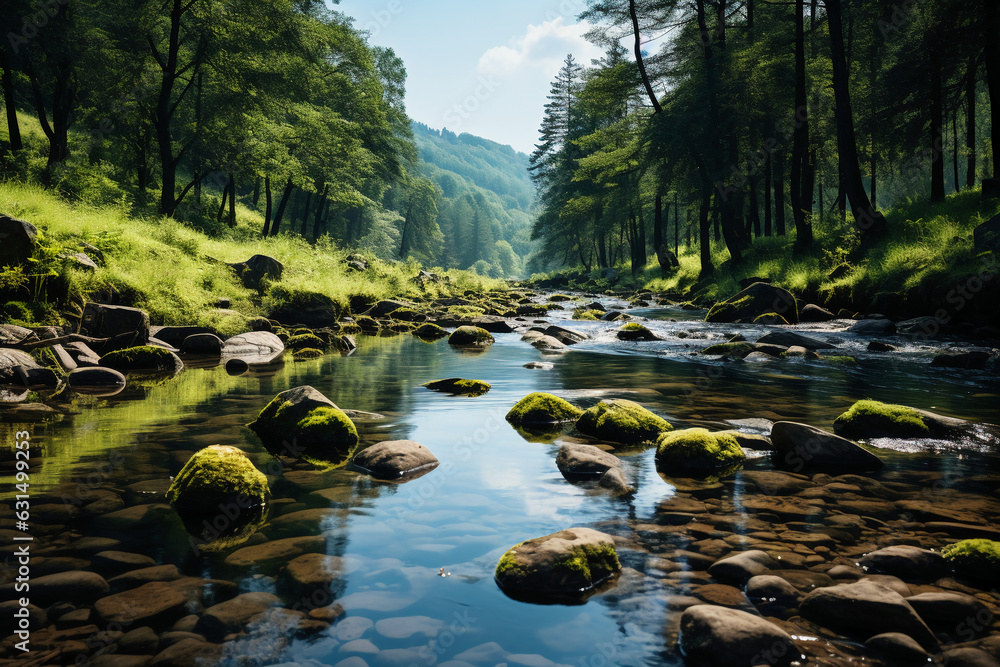 Spring forest nature landscape, beautiful spring stream, river rocks in mountain forest. AI generative Spring forest nature landscape, beautiful spring stream, river rocks in mountain forest. AI generative