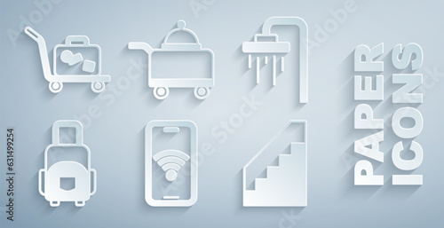 Set Mobile with wi-fi wireless, Shower, Suitcase, Stairs, Covered tray of food and Trolley suitcase icon. Vector