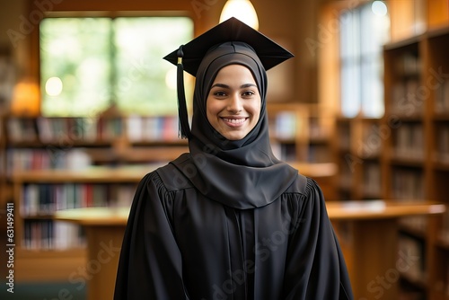 Muslim Hijabi during graduation ceremony of University, graduation gown and hat, Women in STEM feminism