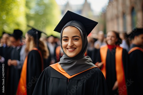 Muslim Hijabi during graduation ceremony of University, graduation gown and hat, Women in STEM feminism