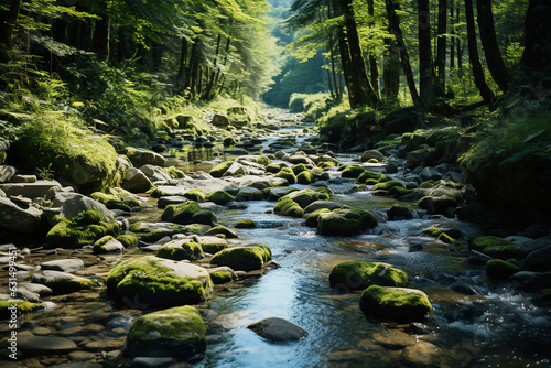 Spring forest nature landscape, beautiful spring stream, river rocks in mountain forest. AI generative