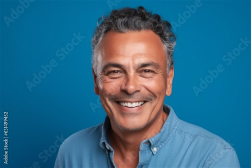  latin mature adult man smiling on a blue background