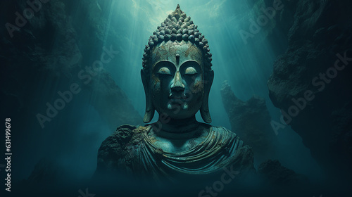 estátua misteriosa de Buda no fundo das águas do oceano 