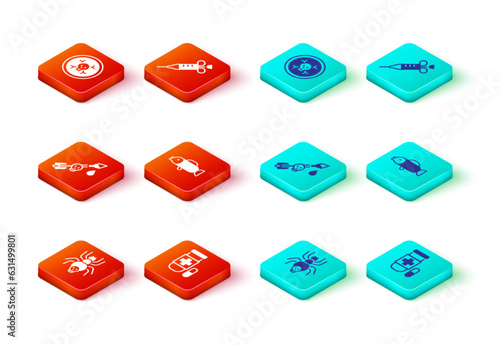 Set Poisonous spider, Antidote, the arrow, Puffer fish, Syringe and Bones and skull icon. Vector