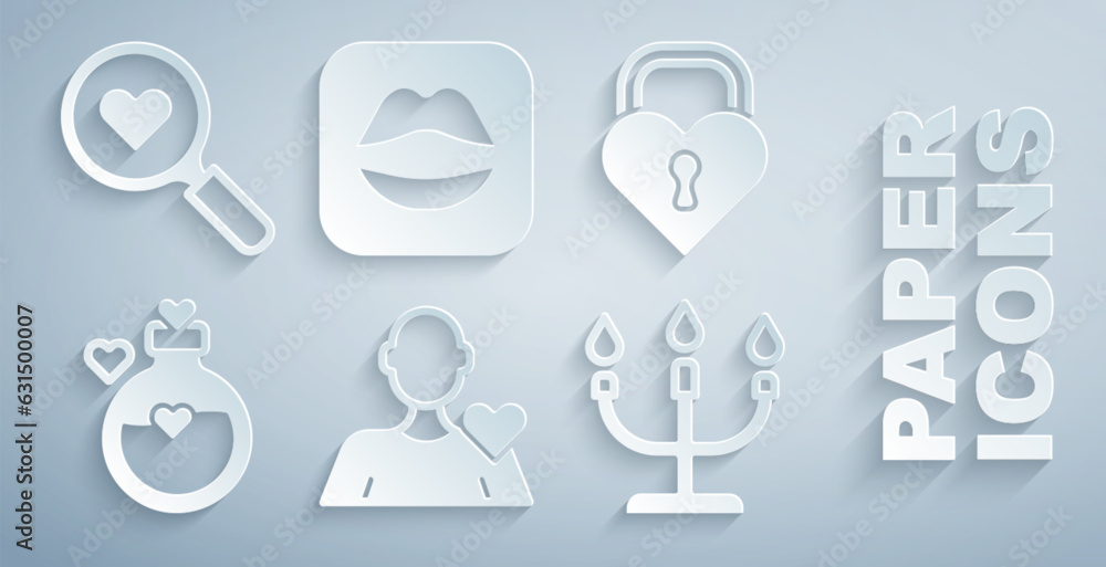 Set Romantic man, Castle in the shape of heart, Bottle with love potion, Candlestick, Smiling lips and Search icon. Vector