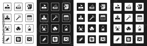 Set Earth globe with document, Construction jackhammer, Earthquake, Flag, Ground, Ore mining, and Oil money icon. Vector