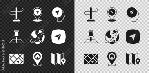 Set Road traffic sign, Map pin, marker with human, Gps device map, Location house, Folded location, and Satellites orbiting the Earth icon. Vector
