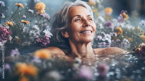 old woman swimming in a water full of flowers