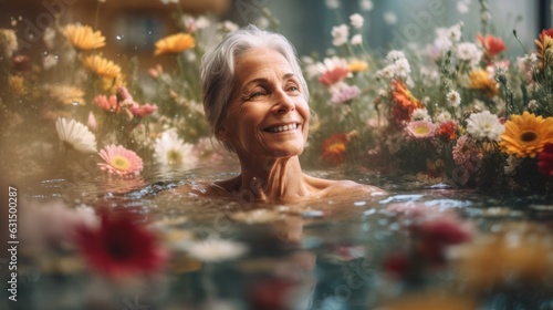 old woman swimming in a water full of flowers