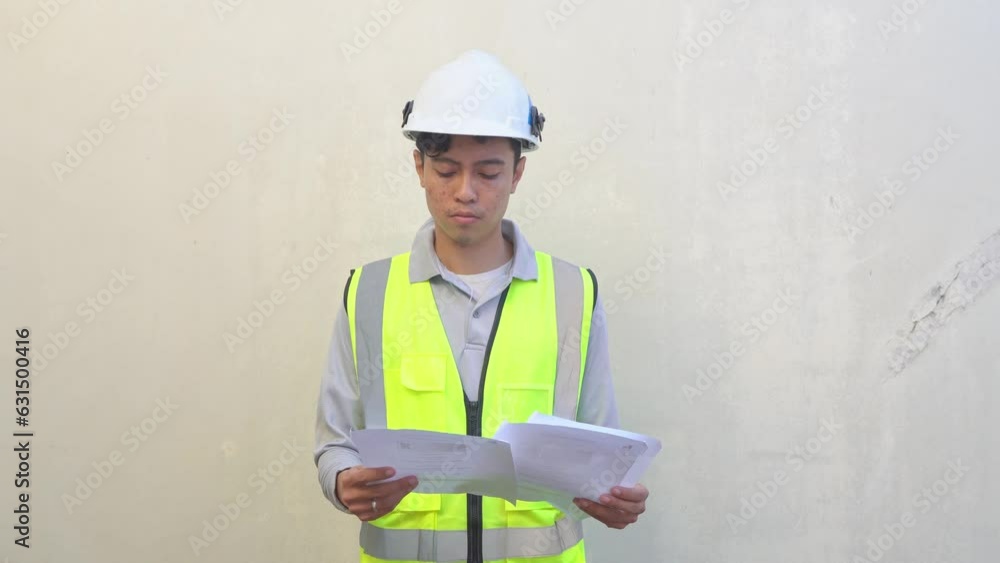Indonesian worker wear vest and white helmet check report then feel disappointed and angry. The footage is suitable to use for engineer and safety content media. Indonesian worker wear vest and white helmet check report then feel disappointed and angry. The footage is suitable to use for engineer and safety content media.