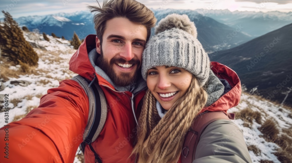 Young happy couple taking selfie in winter snow