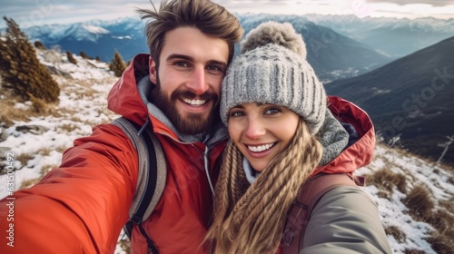 Young happy couple taking selfie in winter snow