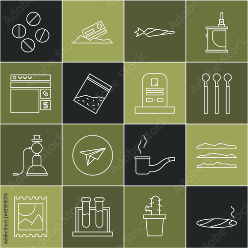 Set line Cigar with smoke, Cocaine or heroin drug, Matches, Marijuana joint, Plastic bag of, Buying drugs online, Medicine pill tablet and Tombstone RIP written icon. Vector