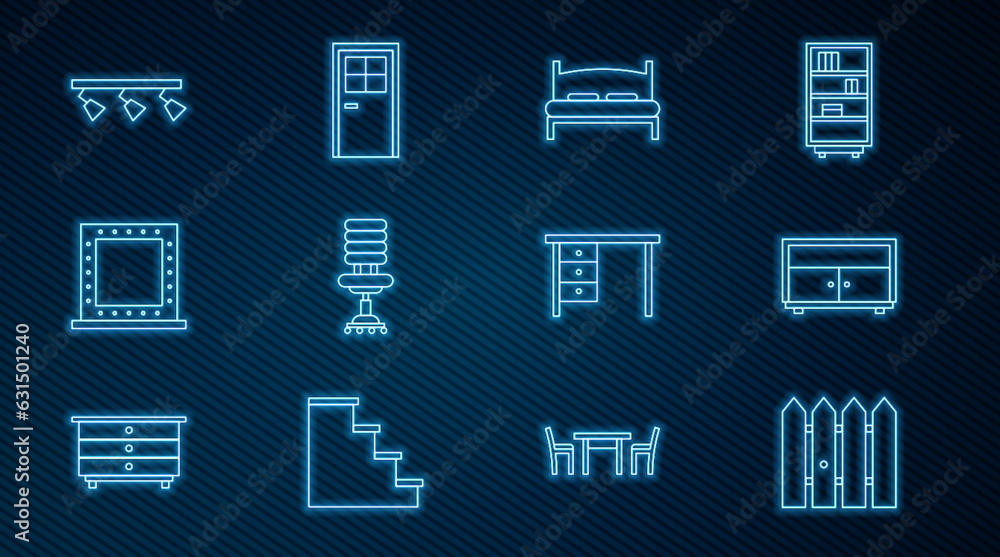 Set line Garden fence wooden, Chest of drawers, Big bed, Office chair, Makeup mirror with lights, Led track and lamps, desk and Closed door icon. Vector
