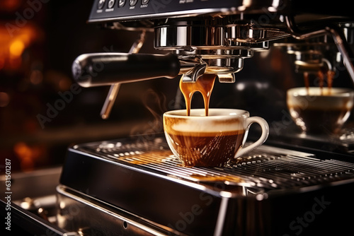 A sleek, stainless steel coffee machine hums with life as steam billows from its spout, filling the air with the rich aroma of freshly brewed coffee, closeup shot, ai generated.