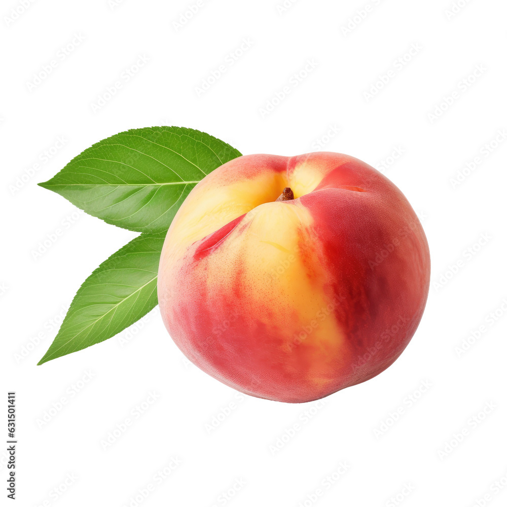 Fresh pink peach fruit with leaf isolated on white backround, complete with clipping path.