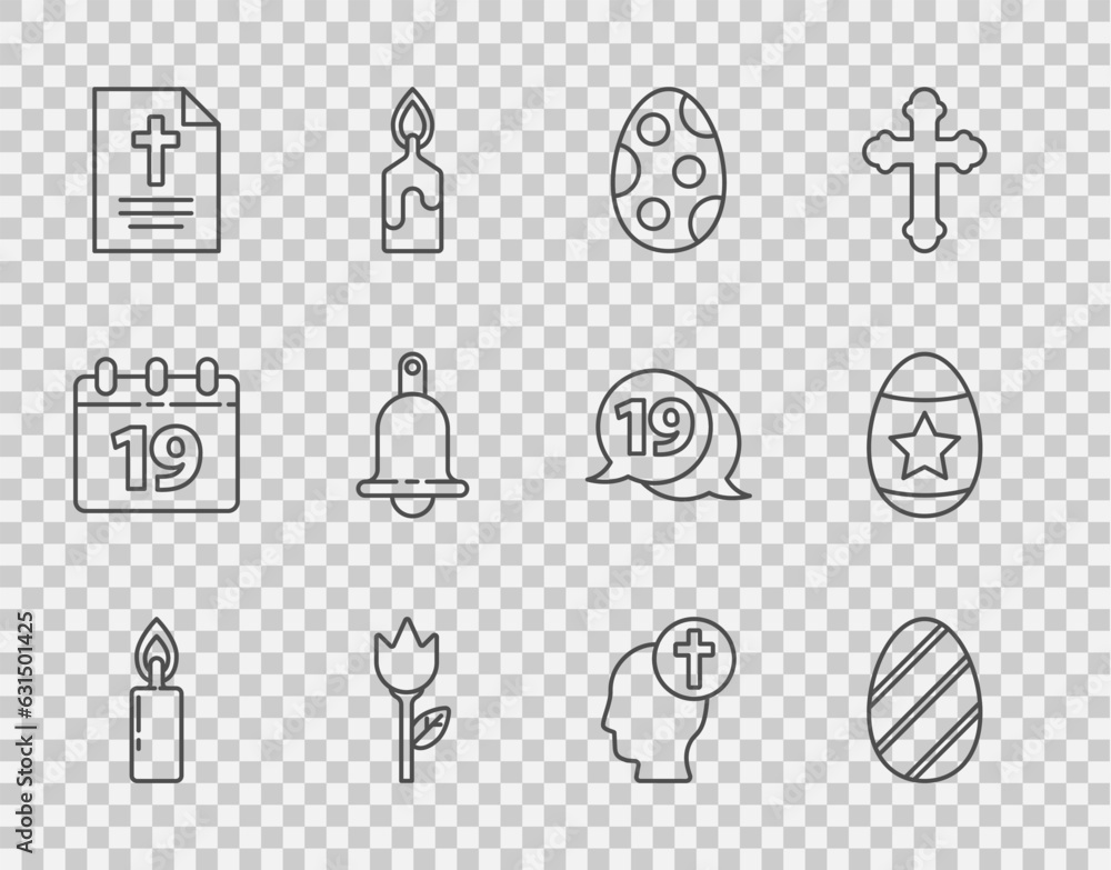 Set line Burning candle, Easter egg, Flower tulip, Greeting card with Happy, Ringing bell, Human head christian cross and icon. Vector Set line Burning candle, Easter egg, Flower tulip, Greeting card with Happy, Ringing bell, Human head christian cross and icon. Vector