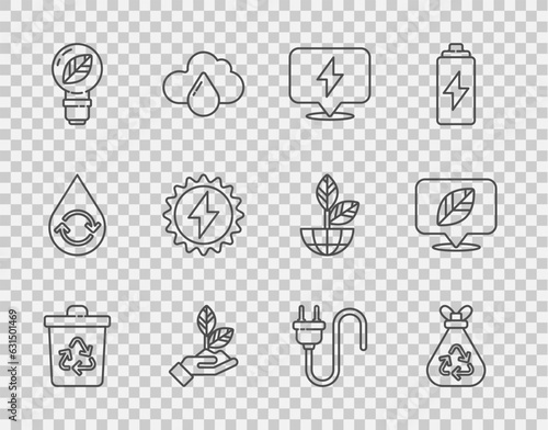 Set line Recycle bin with recycle, Garbage bag, Lightning bolt, Plant hand, bulb leaf, Solar energy panel, Electric plug and Location icon. Vector
