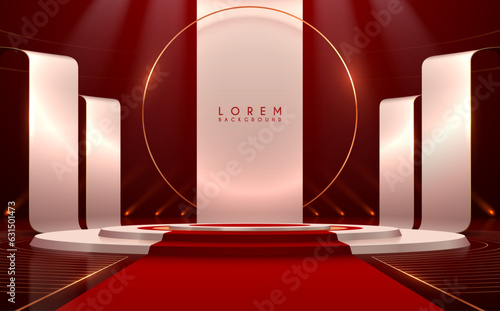 White and red podium with golden elements