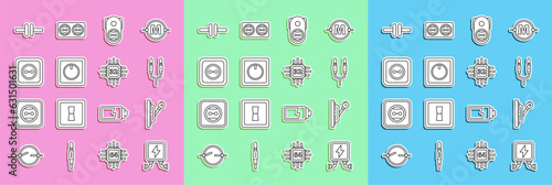 Set line Electric transformer, Electrical panel, Audio jack, outlet, light switch, circuit scheme and Processor with microcircuits CPU icon. Vector