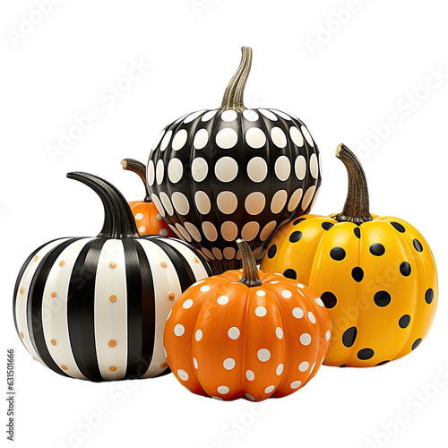 Decorative autumn pumpkins in various colors, patterns, and styles, including checkered, striped, polka dots, black and white.