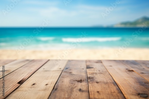Empty wooden table top in the morning light with sea shine blurred background, generative AI