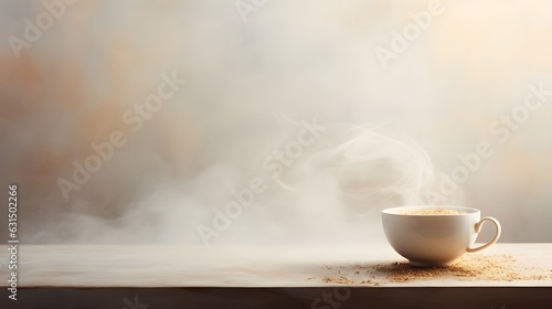 White Coffee Cup on Rustic Wooden Table against a Serene Wall Background