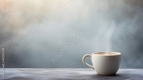White Coffee Cup on Rustic Wooden Table against a Serene Wall Background