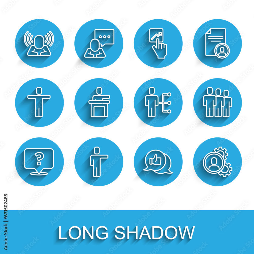 Set line Question mark, Head hunting, Hand like, Speaker, Users group and of man business suit icon. Vector Set line Question mark, Head hunting, Hand like, Speaker, Users group and of man business suit icon. Vector