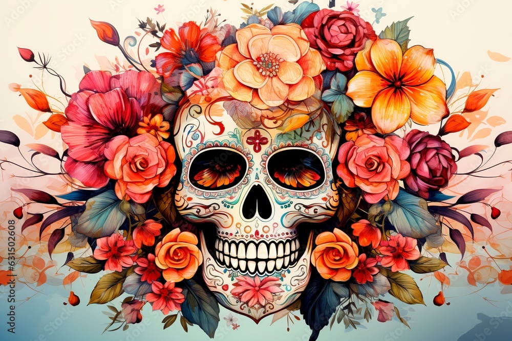 A stunning watercolor portrayal of a Day of the Dead skull surrounded by autumn's splendor.