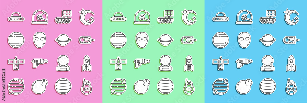Set line Robot, Rocket ship, Comet falling down fast, Mars rover, Alien, Planet, UFO flying spaceship and Saturn icon. Vector Set line Robot, Rocket ship, Comet falling down fast, Mars rover, Alien, Planet, UFO flying spaceship and Saturn icon. Vector