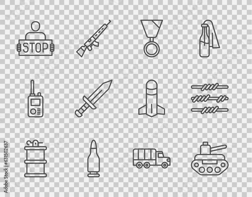 Set line Hand smoke grenade, Military tank, reward medal, Bullet, Stop, Sword, truck and Barbed wire icon. Vector