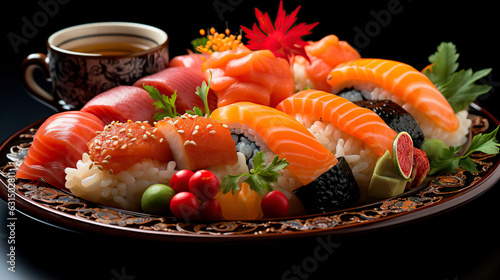 Elevate your dining experience with this flavorful presentation of Japanese cuisine, capturing rolls and sushi on a striking dark background. Ai generated