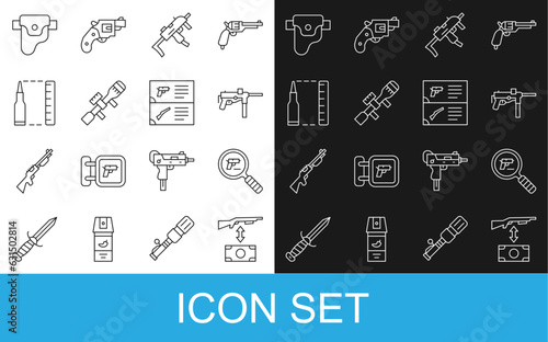 Set line Buying assault rifle, Pistol or gun search, Submachine M3, MP9I submachine, Sniper optical sight, Bullet, Gun holster and Weapon catalog icon. Vector