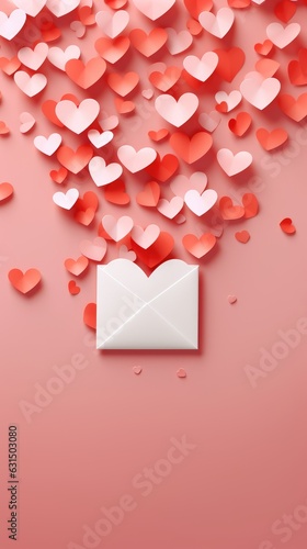 Valentine's day love letter with paper hearts on pink background